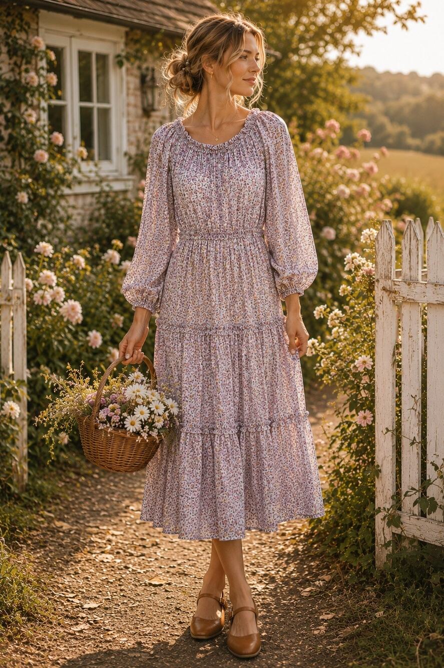 JessaKae x Food Nanny Floral Prairie Tiered Midi Dress Cottagecore Size Small